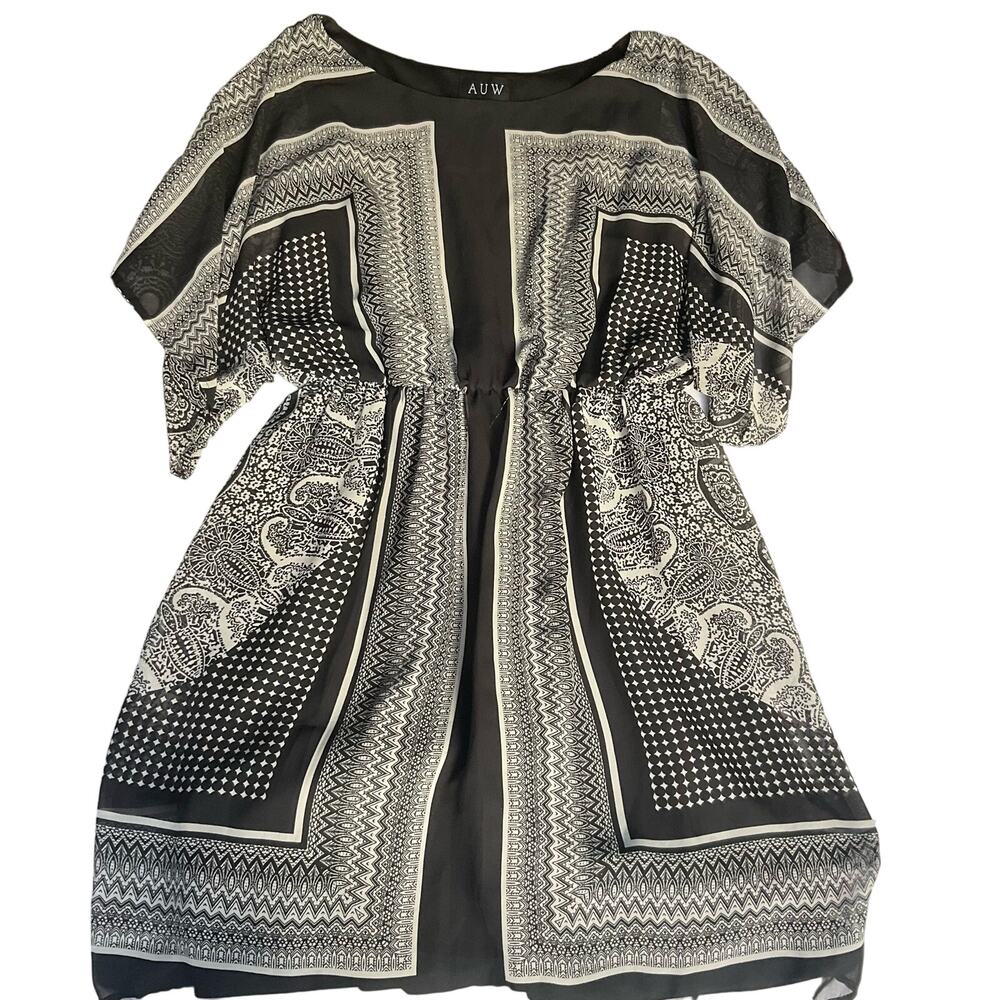 AUW Women’s Dress with Liner size S, Black & Gray, Flowy 2 Layers Dress